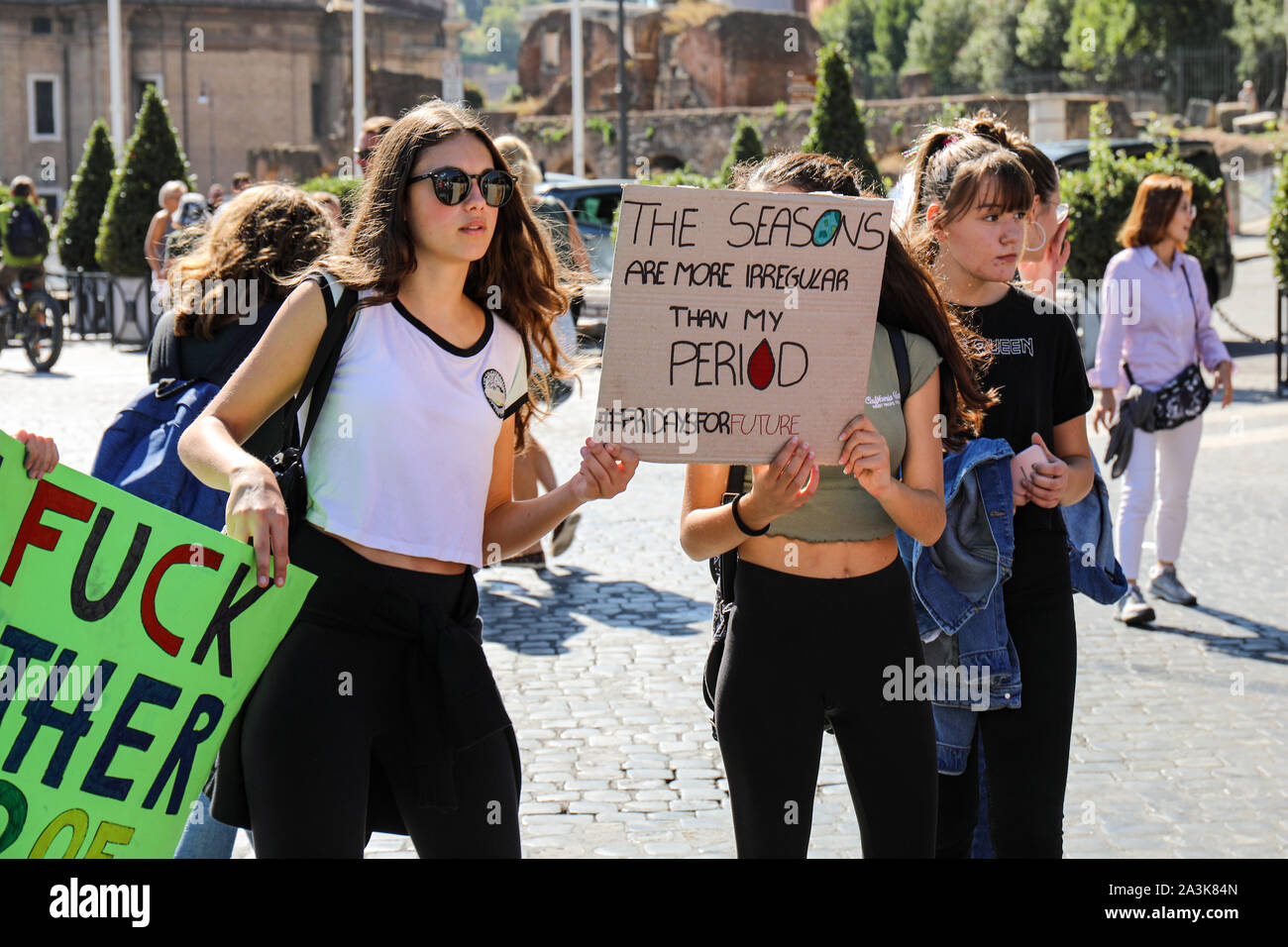 27 Sep 2019. Fridays for future. School strike for climate. Italian teenagers holding a placard in Rome, Italy. Stock Photo
