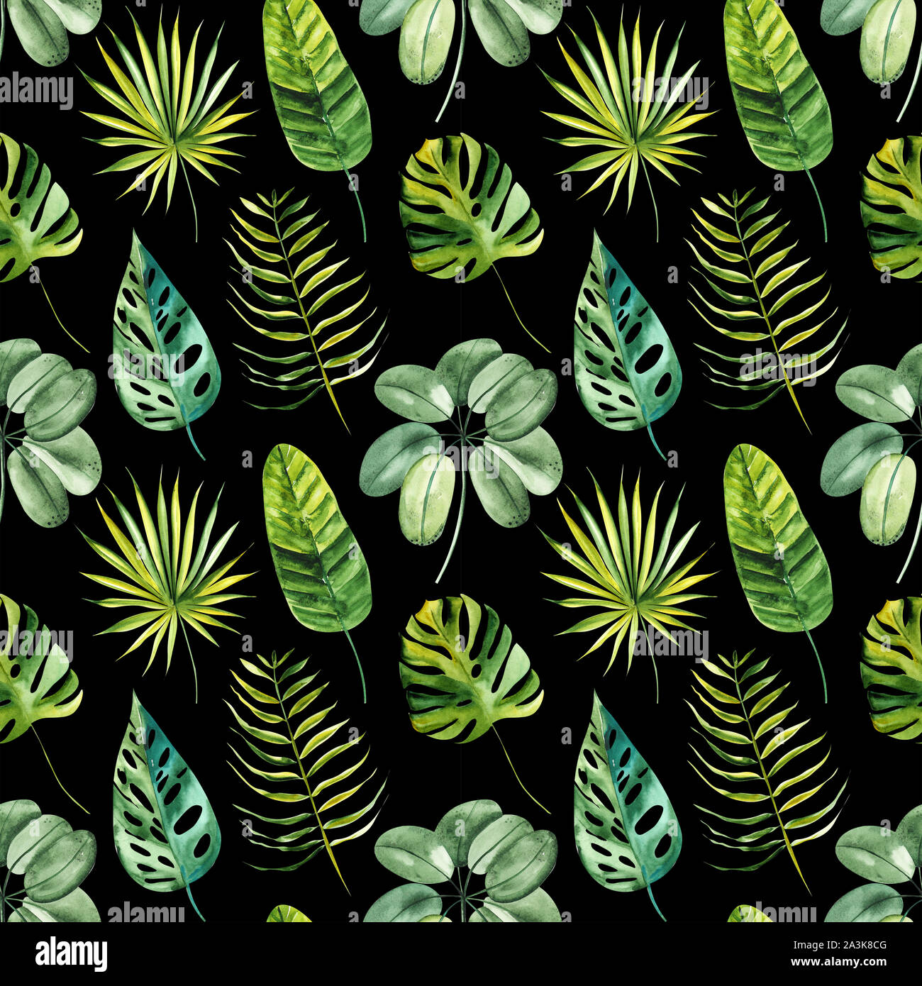 Illustration seamless pattern drawn by watercolor exotic tropical green ...