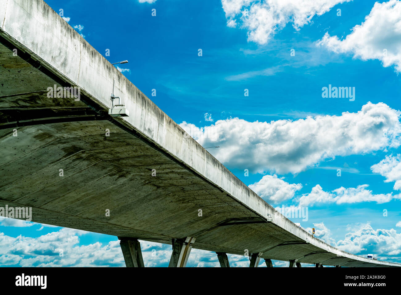 Bottom view of elevated concrete highway. Overpass concrete road. Road ...