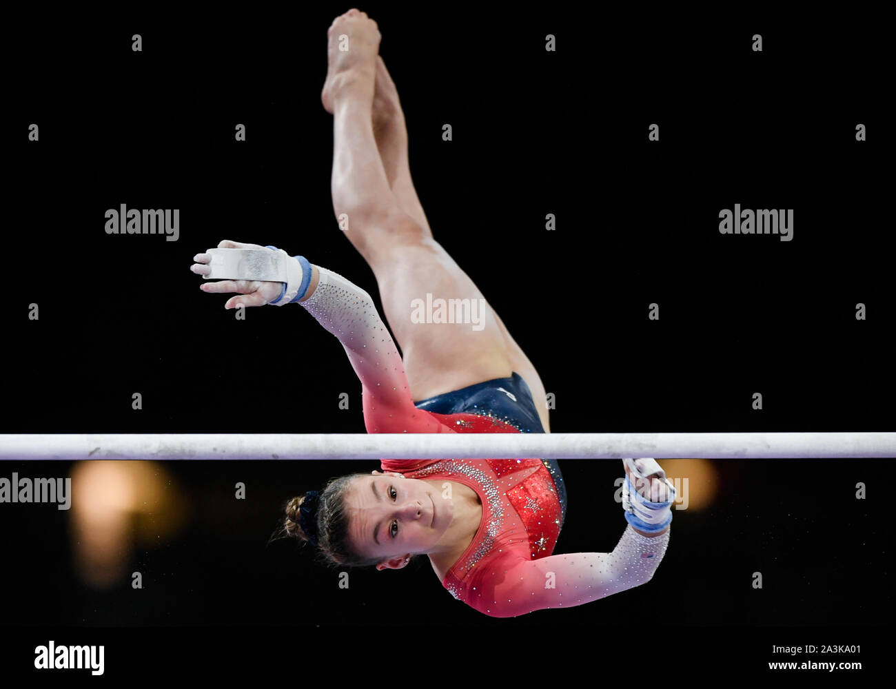 Stuttgart, Germany. 08th Oct, 2019. Gymnastics: world championship, decision final of the best eight teams, women. Grace Mc Callum from the USA does gymnastics on uneven bars. Credit: Tom Weller/dpa/Alamy Live News Stock Photo