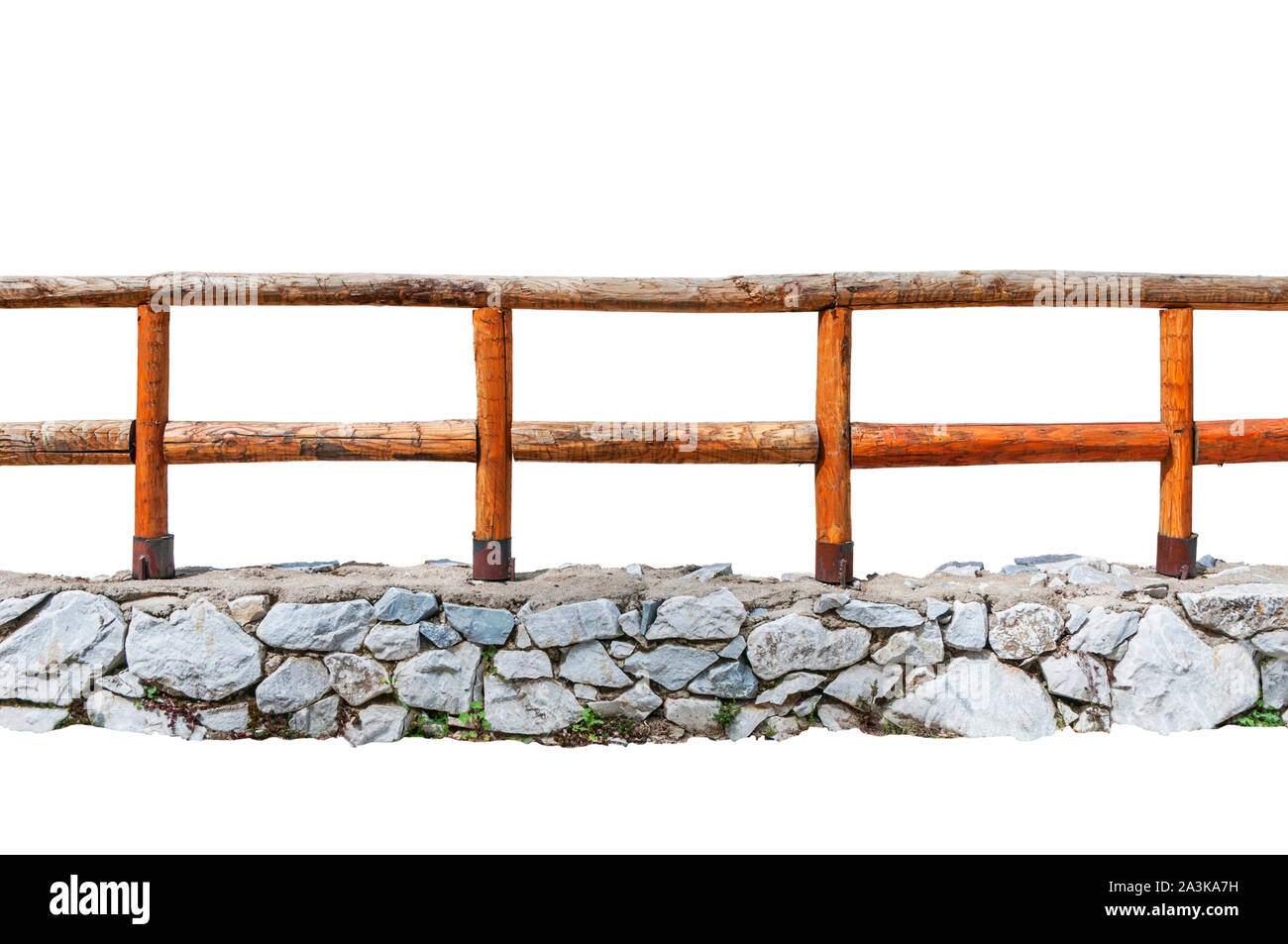 Wooden fence on a stone wall isolated on white background Stock Photo ...