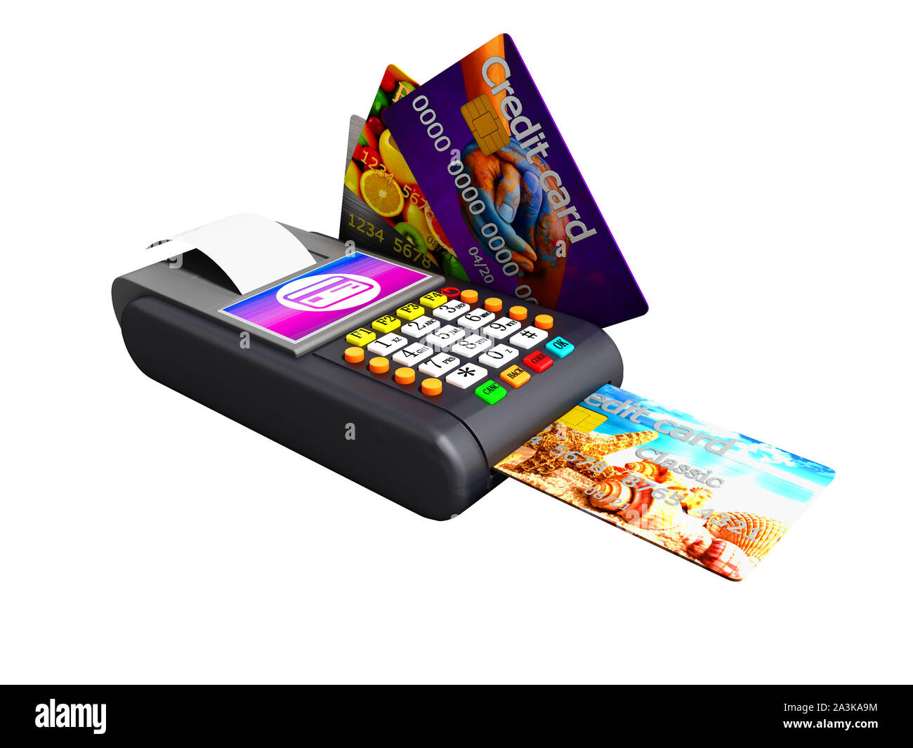 Modern Nfs payment on payment card POS-terminal with credit card inside and outside the left view 3d render on white background no shadow Stock Photo