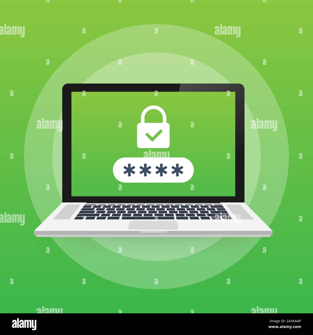 Computer security concept. Laptop with shield and lock on table. Flat vector stock illustration. Stock Vector