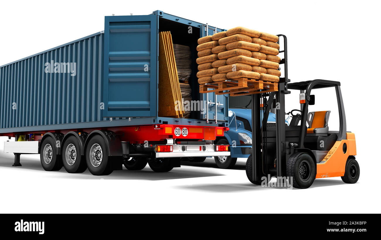 Modern concept of loading and unloading cargo from blue from truck 