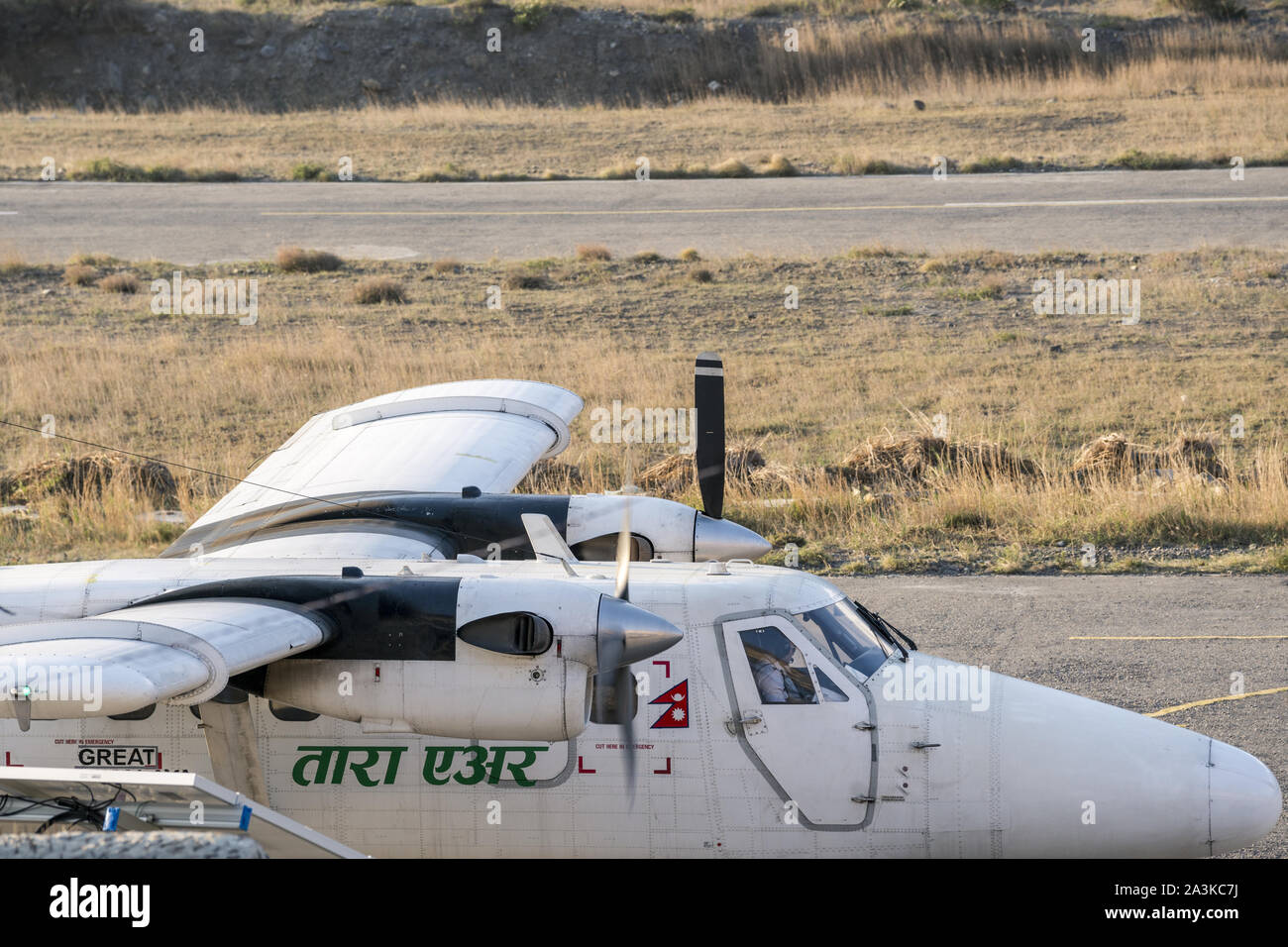 Aircraft of Tara Air at Jomsom airport, Lower Mustang, Nepal Stock Photo