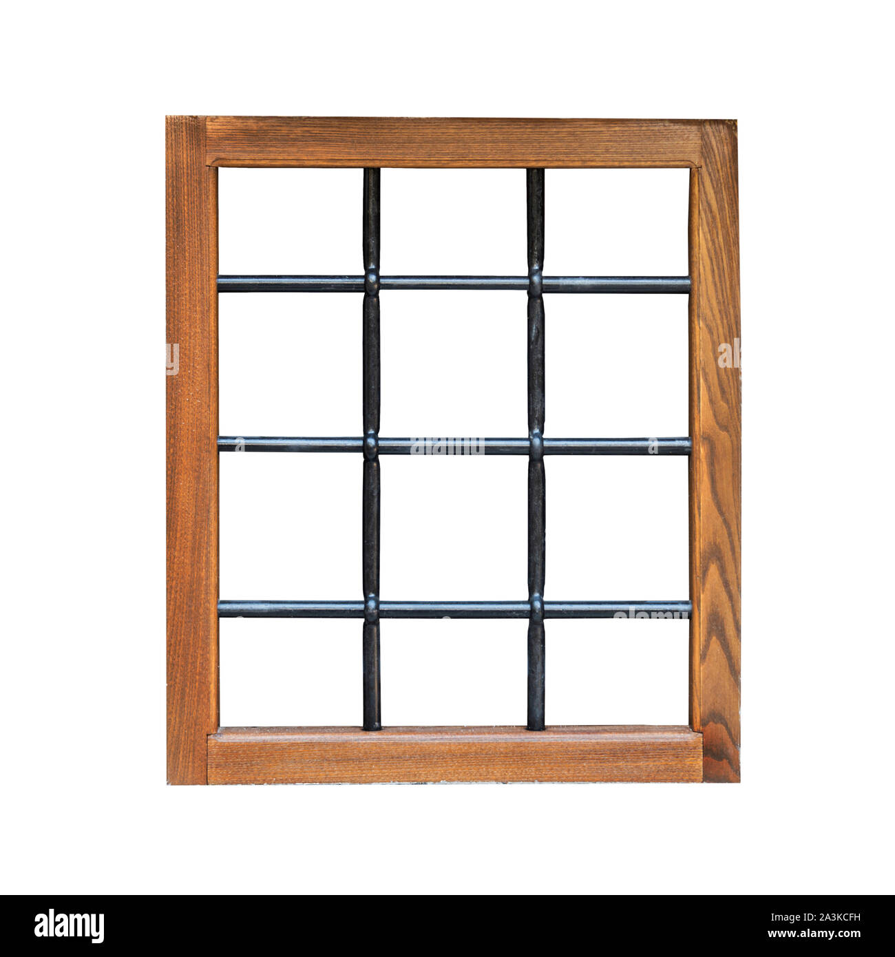 Wooden window frame with iron bars Stock Photo