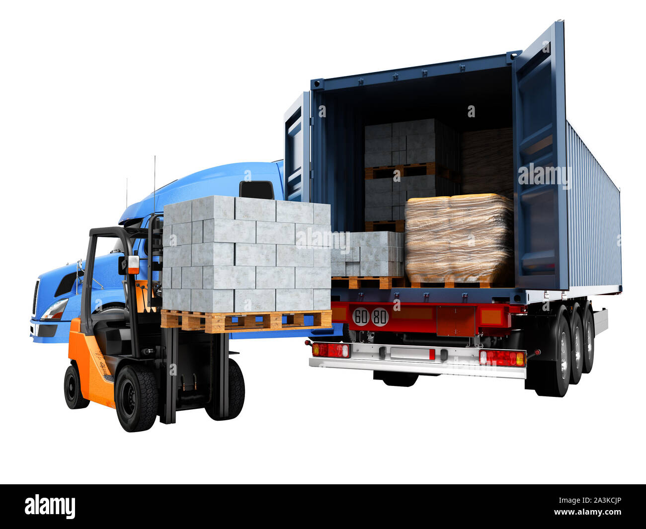 Modern concept of loading and unloading cargo from blue tractor with ...