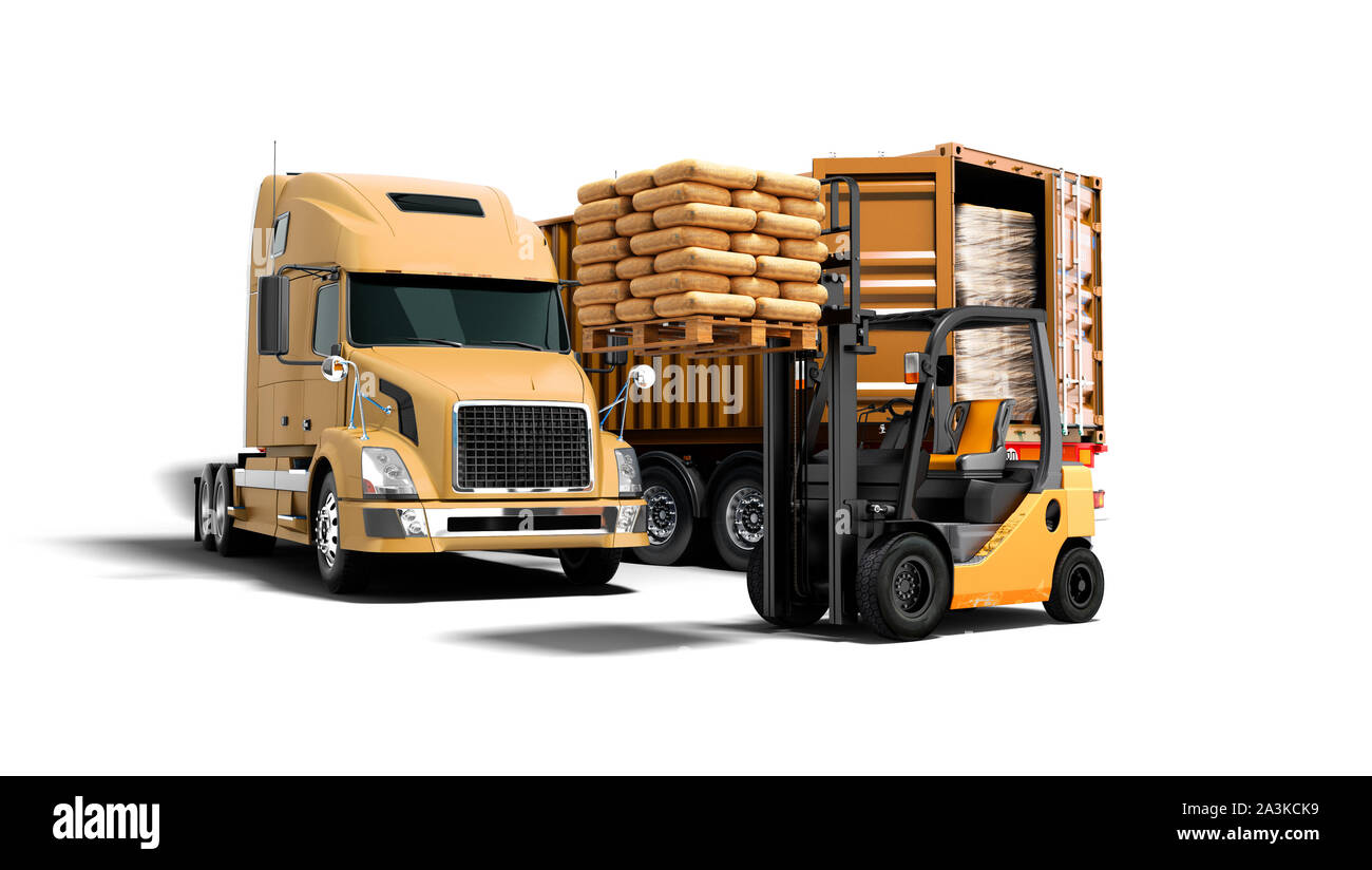 Modern concept of unloading cargo from orange from truck with 