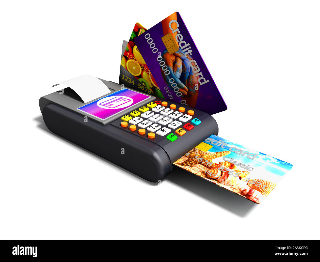 Modern Nfs payment on payment card POS-terminal with credit card inside and outside the left view 3d render on white background with shadow Stock Photo