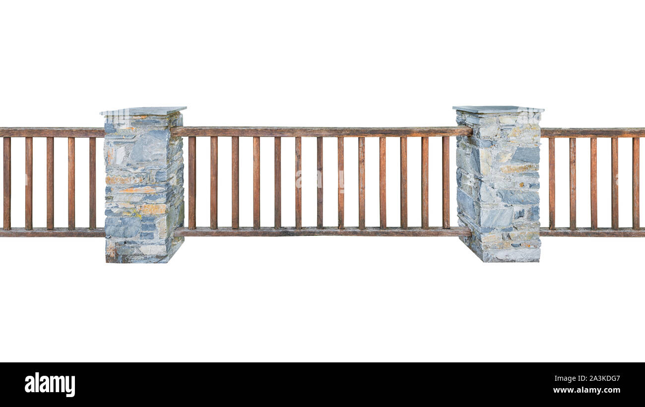 Wooden railing with stone pillars isolated on white background Stock Photo