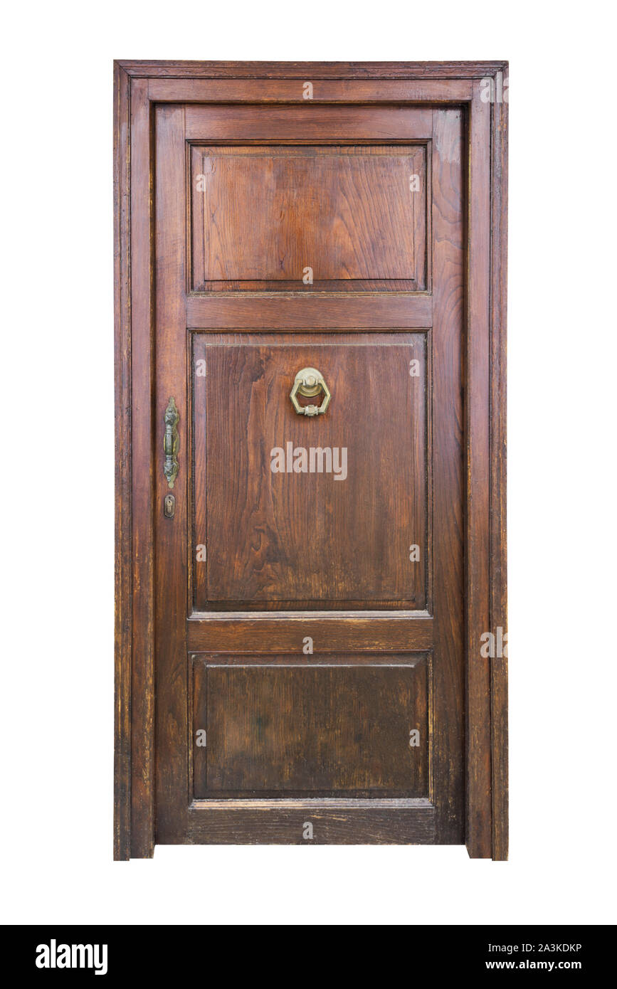 Wooden frame and panel front door isolated on white background Stock Photo