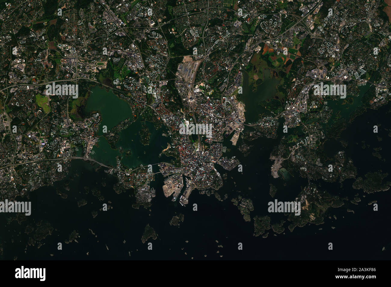 Helsinki, the capital of Finland, seen from space - contains modified Copernicus Sentinel Data (2019) Stock Photo