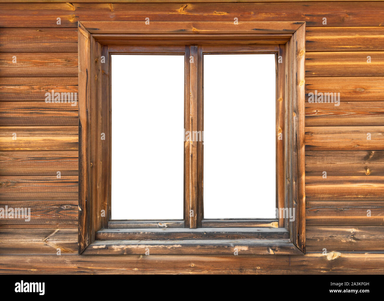 Wooden window in a wooden wall of logs Stock Photo