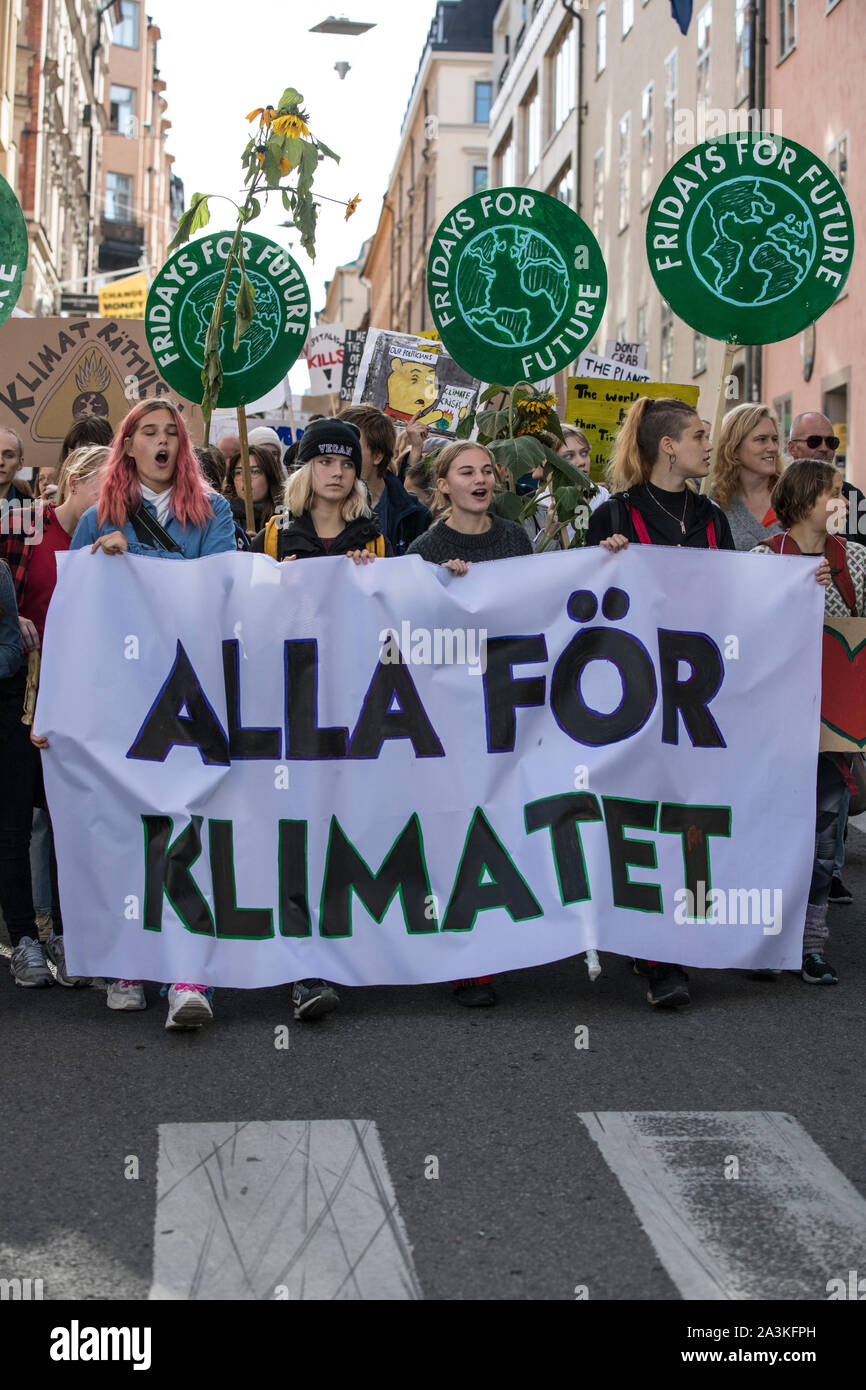 Student climate protesters in Stockholm inspired by Greta Thunberg participate in 'Friday's For Future' demonstration across the capital city, Sweden Stock Photo