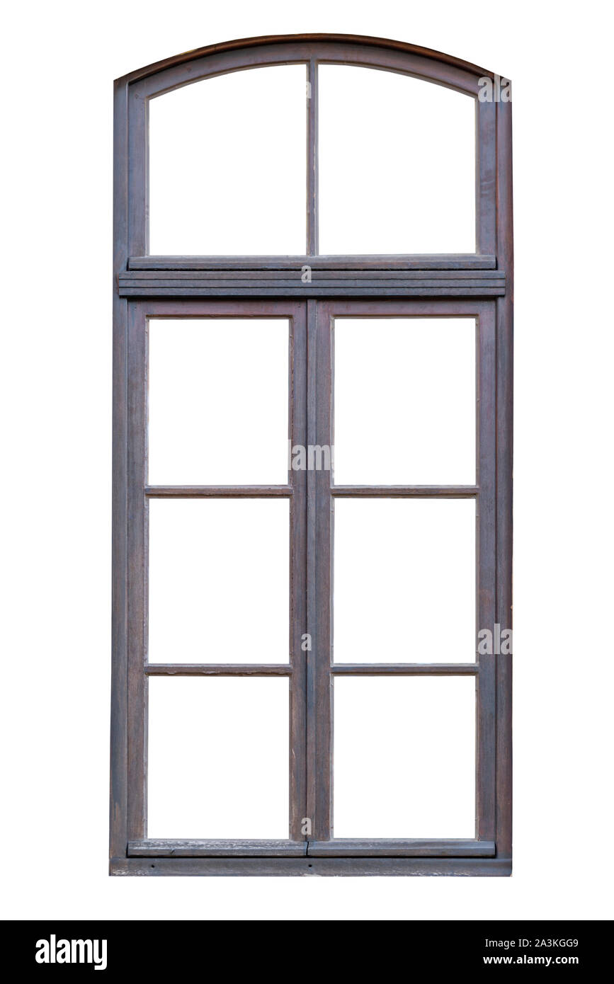 A frame of a wooden window with an arch isolated on white background