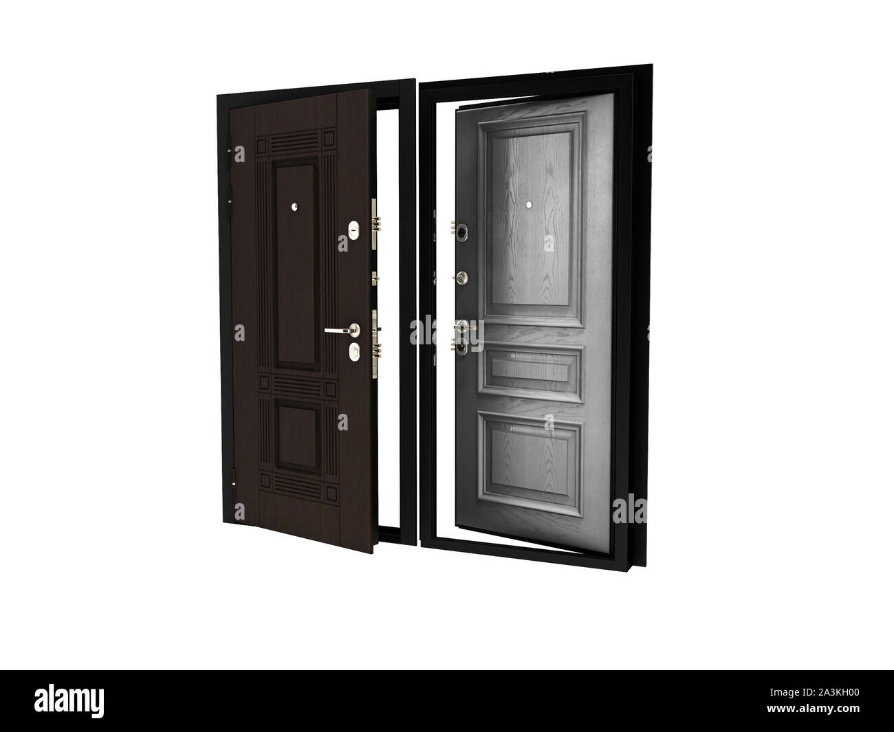 Concept outdoor armored open front door 3d render on white background no shadow Stock Photo