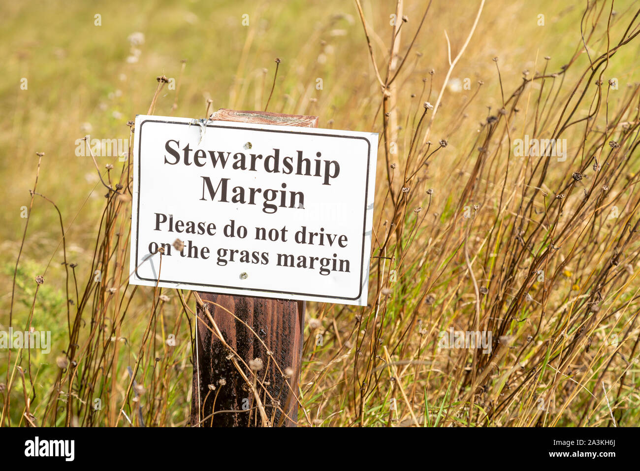 Sign for stewardship margin conservation strip of land in arable field ...