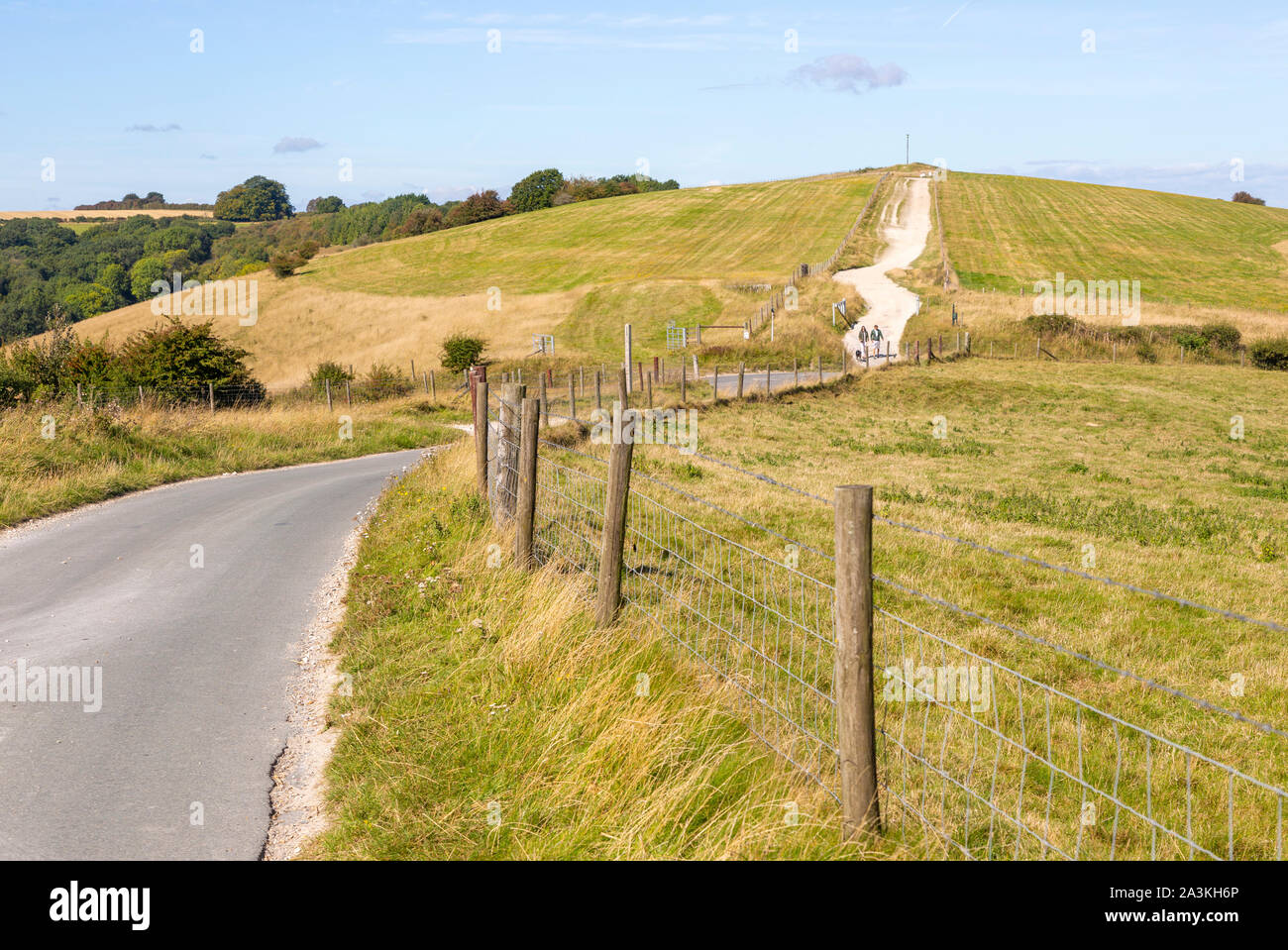 Road and track along top of chalk scarp view to Combe Gibbet, Inkpen Hill, Berkshire, England, UK Stock Photo