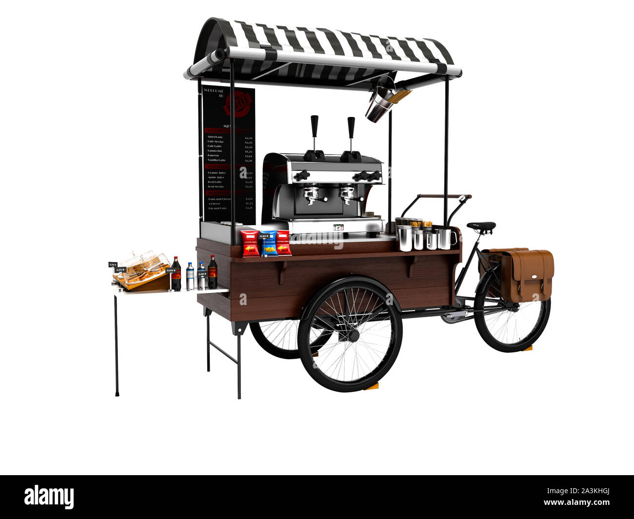 Concept bike, coffee shop on wheels 3d render on white background no