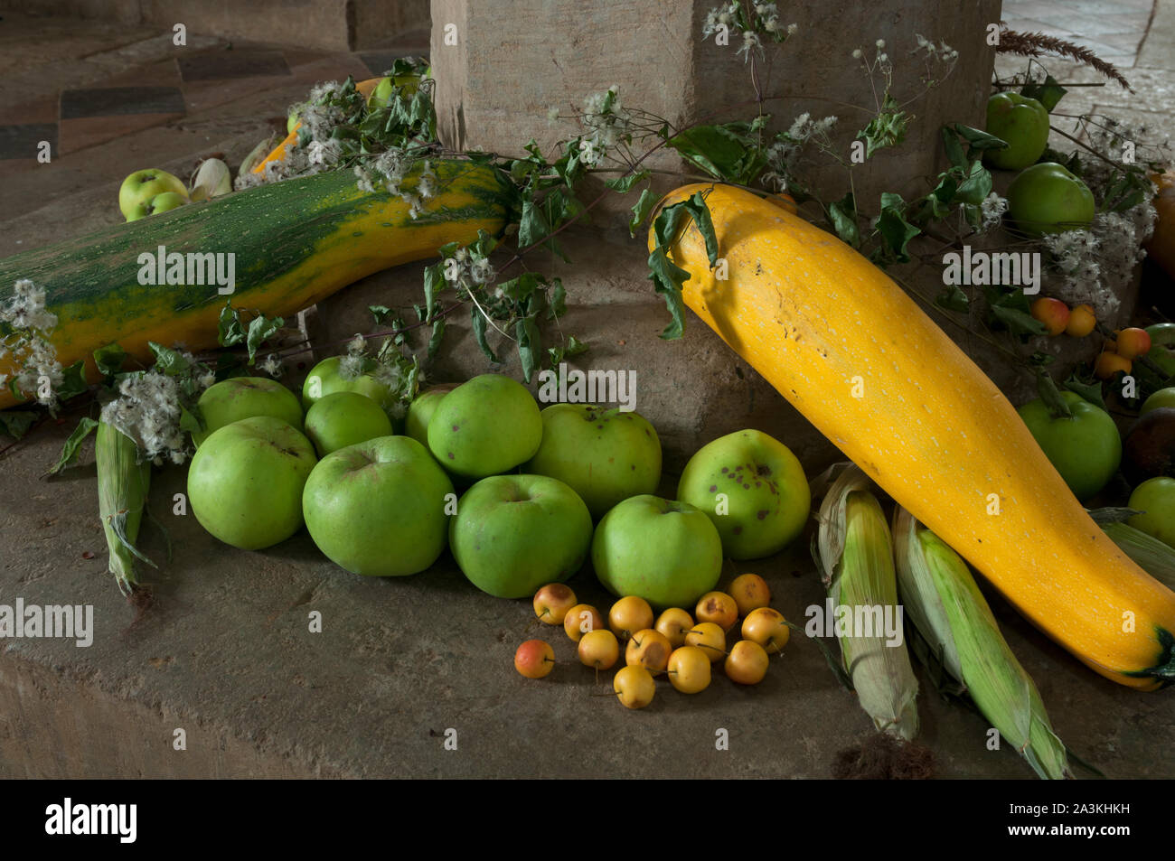 Harvest festival display in a church, UK Stock Photo