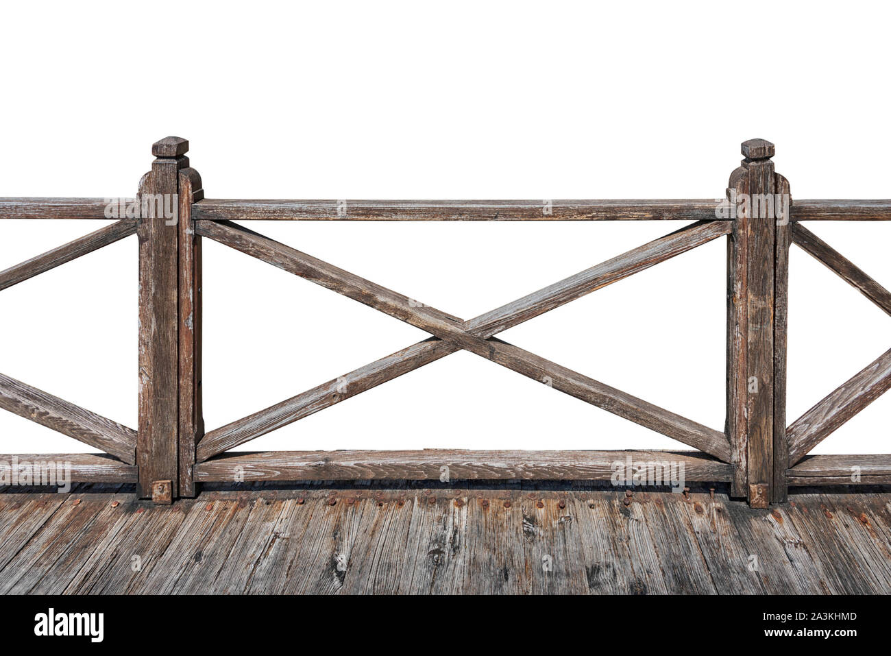 Old wooden railing with wooden deck isolated on white background Stock