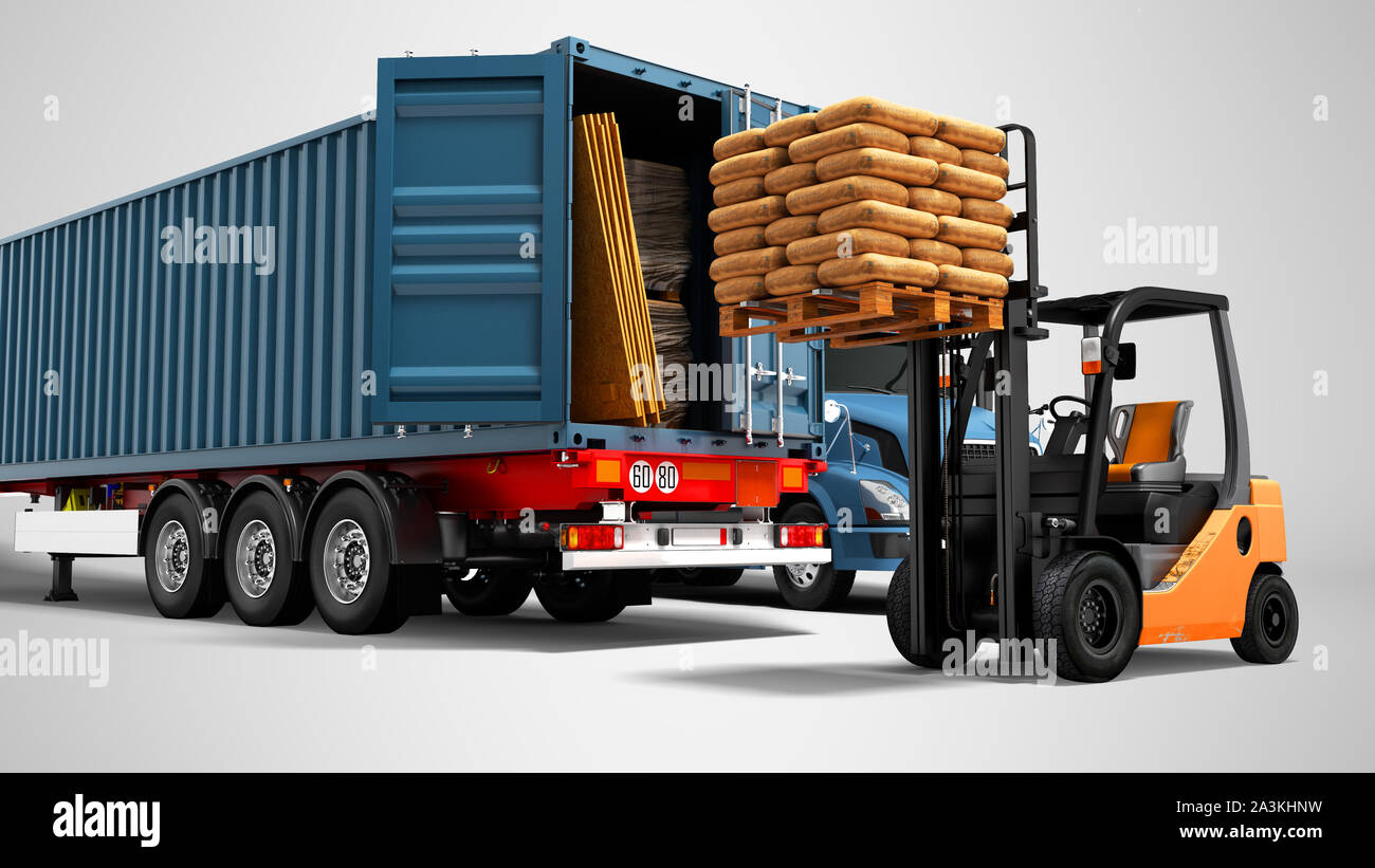 Modern concept of loading and unloading cargo from blue from truck with ...