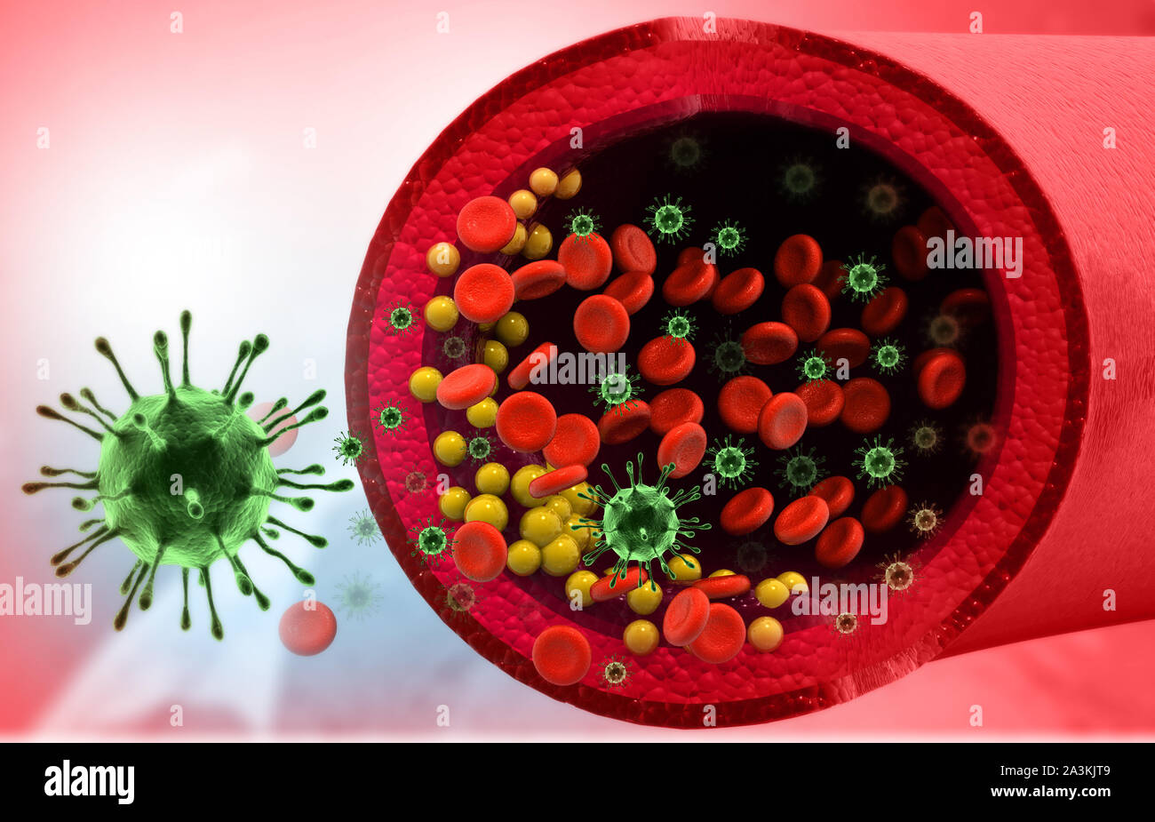Virus infecting the blood cells in veinblood stream. 3d illustration Stock Photo