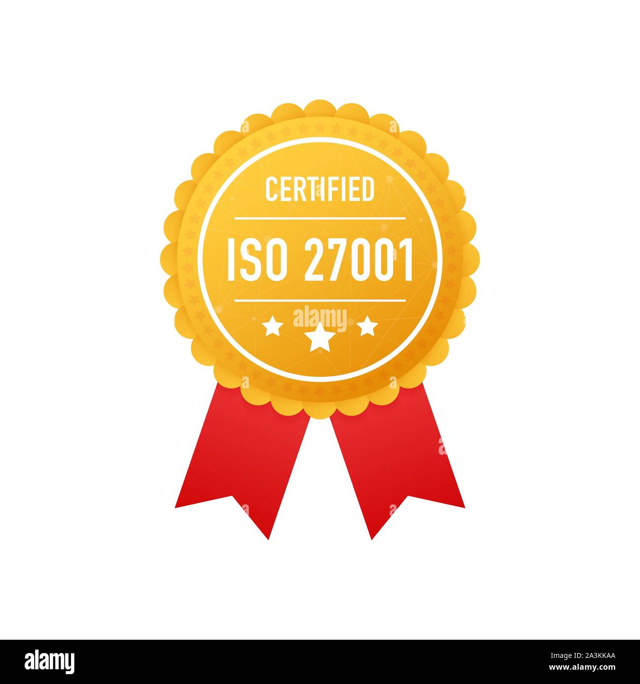 ISO 27001 certified golden label on white background. Vector stock illustration. Stock Vector