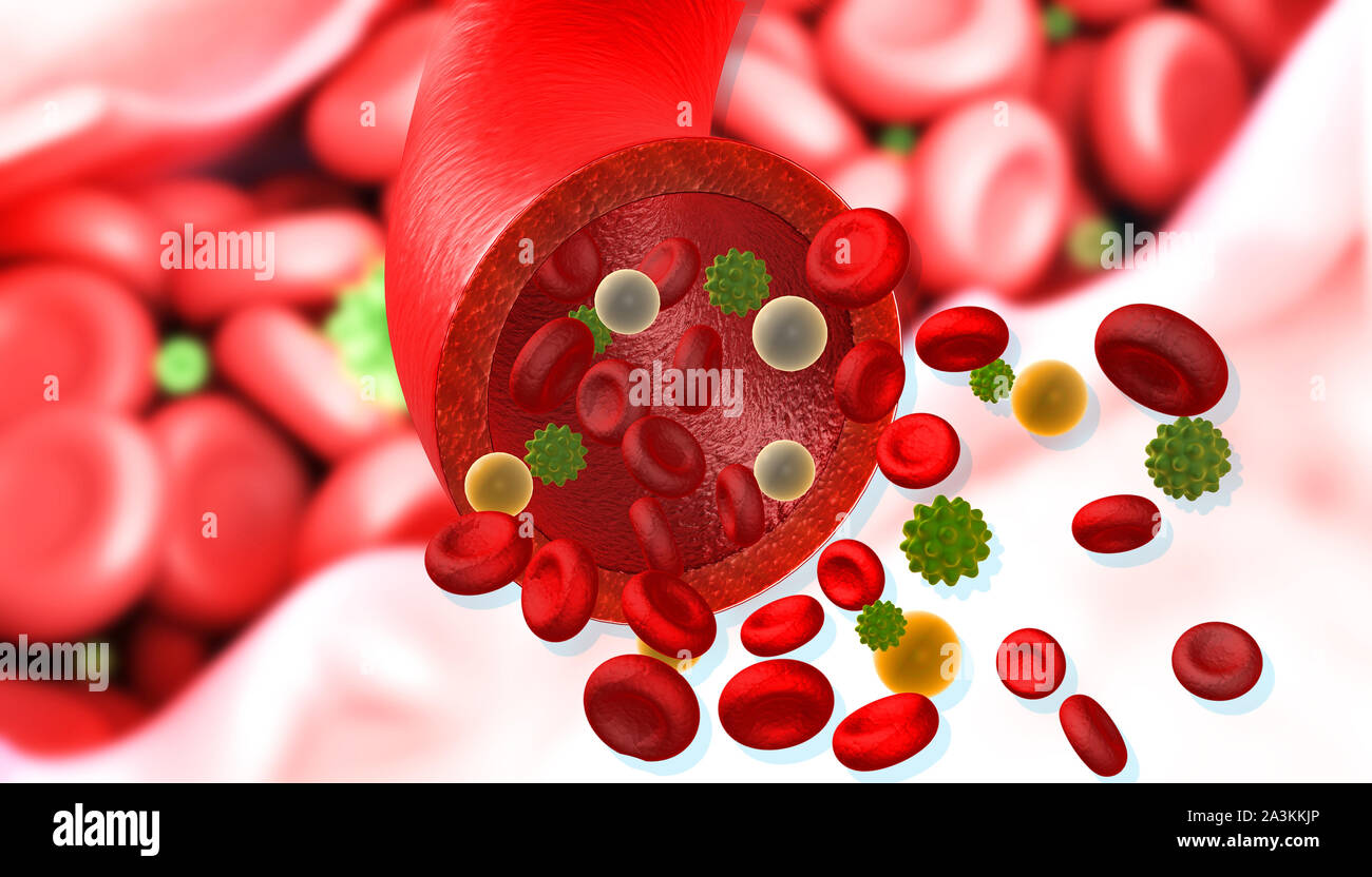 Virus infecting the blood cells in veinblood stream. 3d illustration Stock Photo