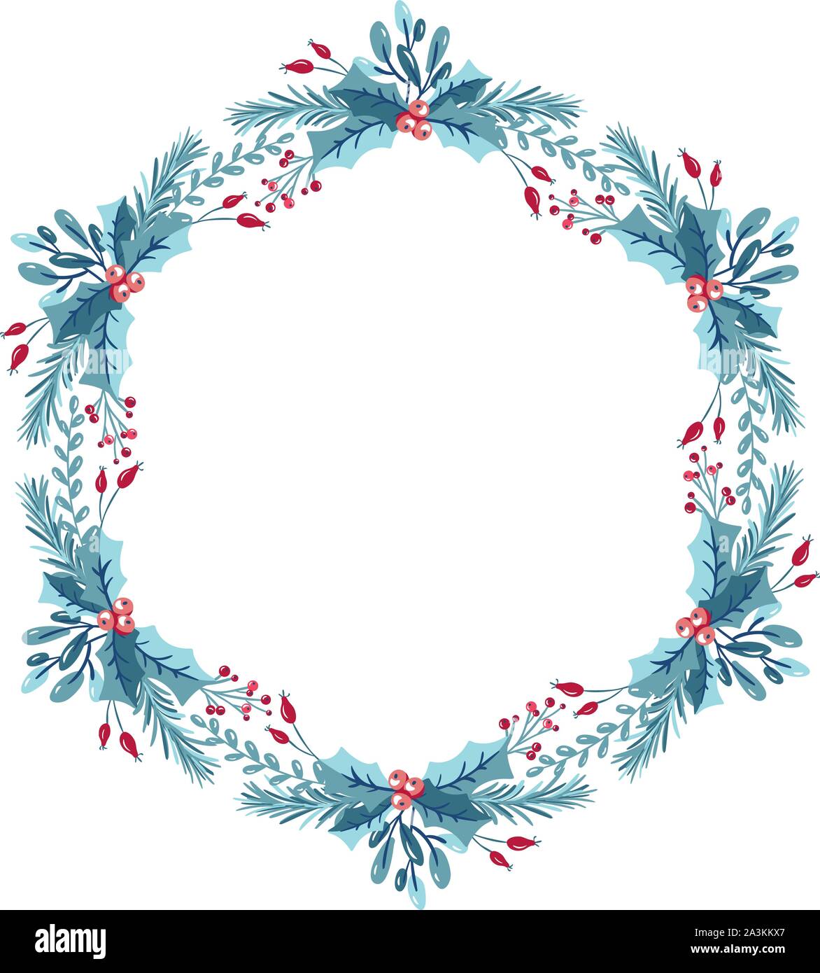 Christmas wreath with berries, pine cone and branches. Vector template ...