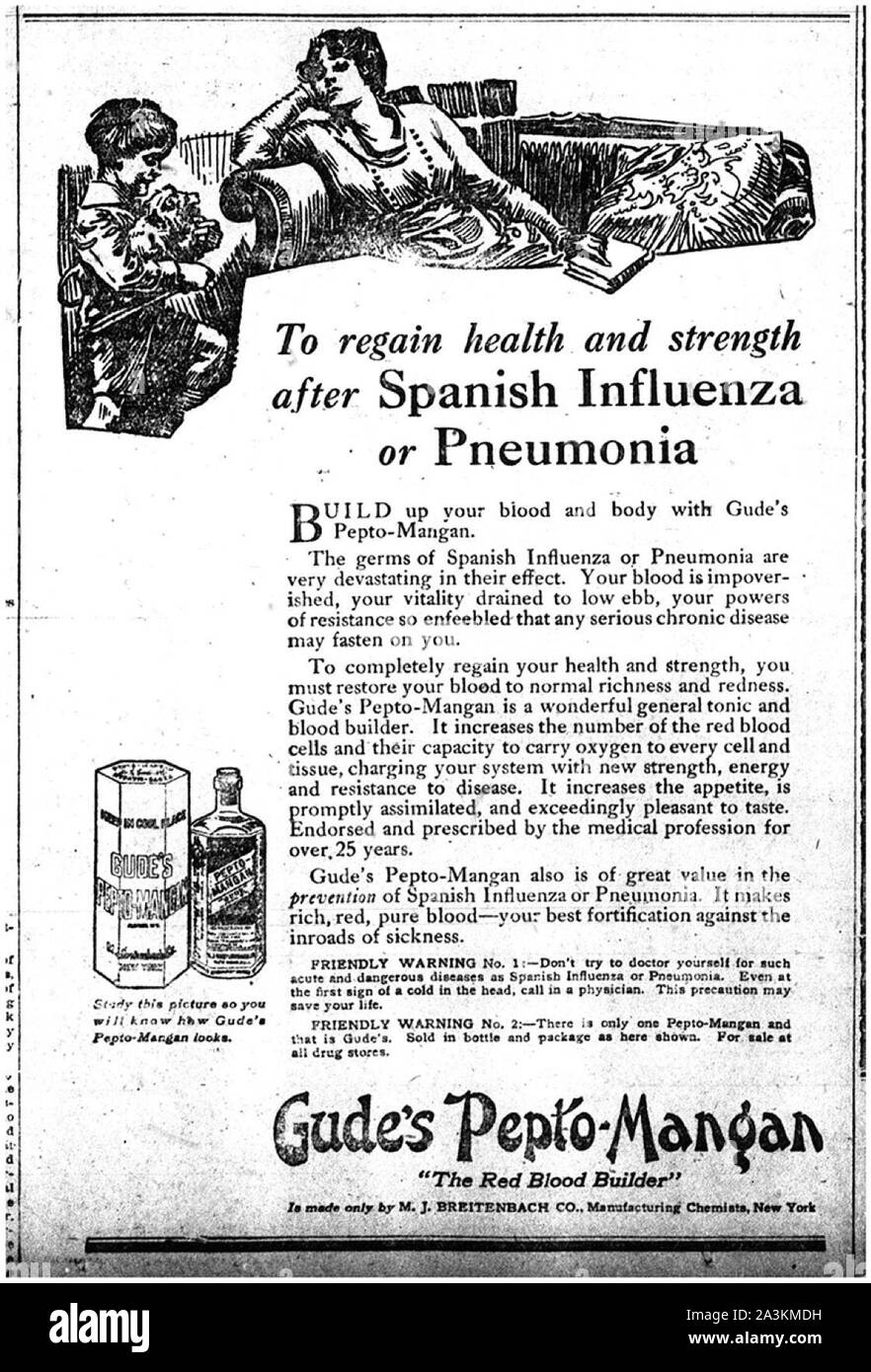 1918-1919. An epidemic of 'Spanish Flu' spread around the world. At least 20 million died, although some estimates put the final toll at 50 million. It's estimated that between 20 per cent and 40 per cent of the entire world's population became sick Stock Photo