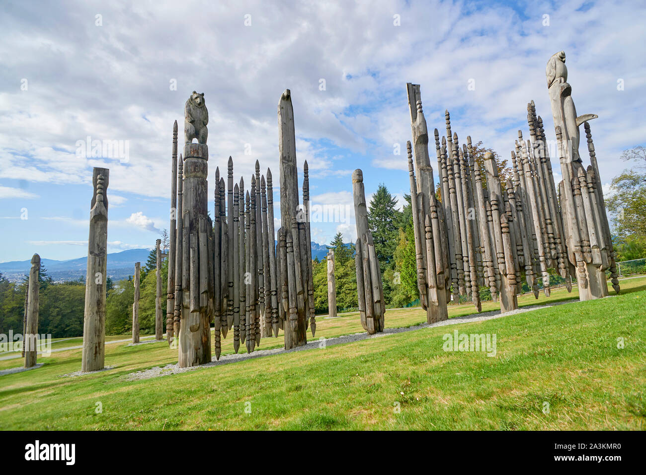 A view of the Totem Poles in Kushiro Park, Vancouver Stock Photo
