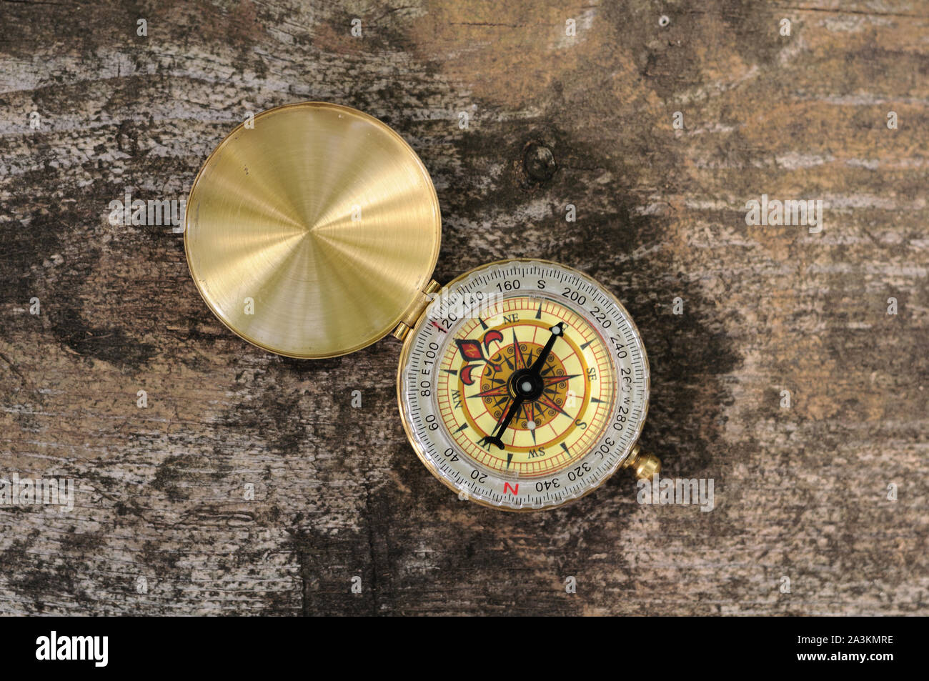 closeup of Golden vintage compass on wooden background Stock Photo - Alamy