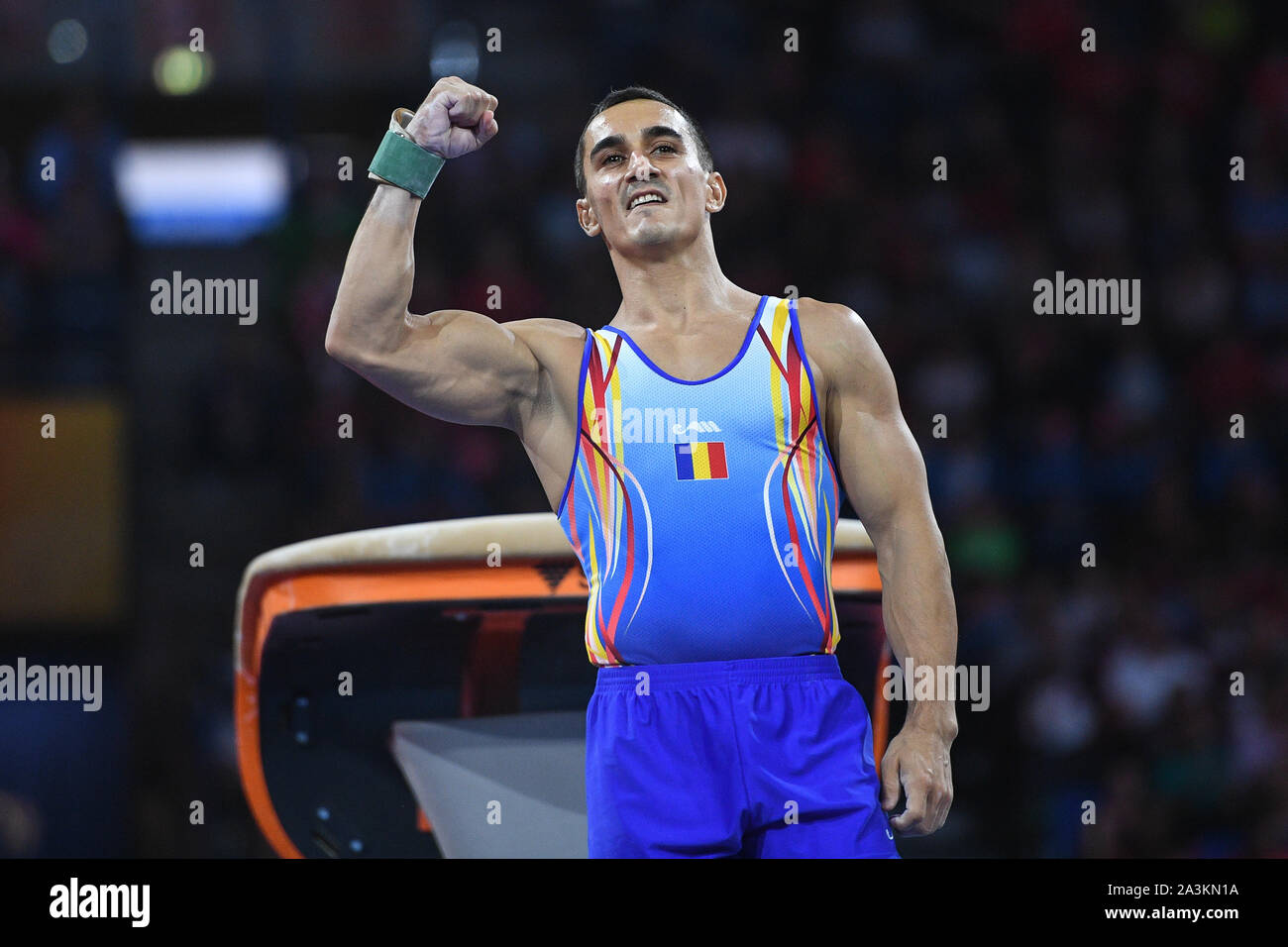 Stuttgart, Germany. 7th Oct, 2019. MARIAN DRAGULESCU from Romania celebrates after successfully landing his second vault during the qualification round of competition held in the Hanns-Martin-Schleyer-Halle in Stuttgart, Germany. Credit: Amy Sanderson/ZUMA Wire/Alamy Live News Stock Photo