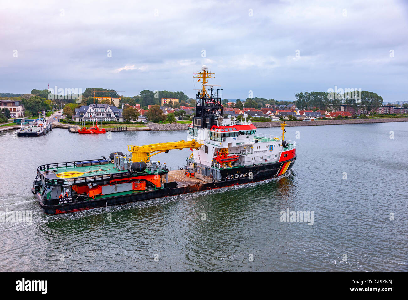 German ship Arkona, a pollution control vessel part of Kustenwache which is a association of several federal agencies, the ship is entering Warmemunde Stock Photo
