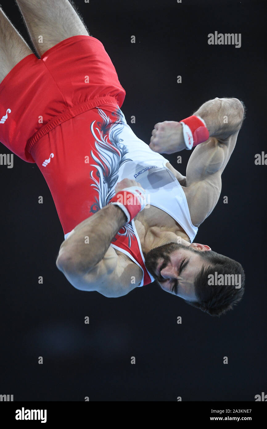 October 7, 2019, Stuttgart, Germany: OLIVER HEGI from Switzerland competes on the floor exercise during the qualification round of competition held in the Hanns-Martin-Schleyer-Halle in Stuttgart, Germany. (Credit Image: © Amy Sanderson/ZUMA Wire) Stock Photo