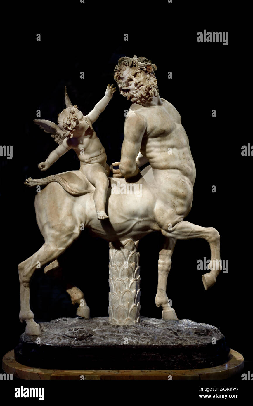 Older centaur tormented by Eros (Cupid), god of love 2nd century AD, after a Greek original created in the 2nd century BC Rome (Italy) Marble H. 1.47 m., Greek, Greece, Roman, Italy, Stock Photo