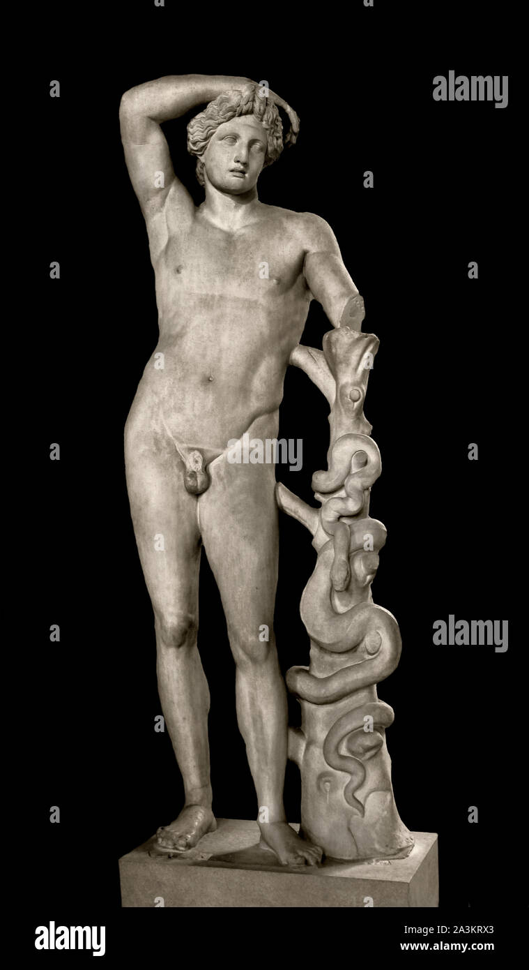Apollo winner of the Python monster, the so-called 'Lycian Apollo' type 130-150 AD, according to Euphranor (active circa 330 BC) Athens (Greece),  Discovered before 1680 below the ruins of the Smyrna stadium , Izmir, Turkey,  H. 2.16 m. Greek, Roman, Stock Photo