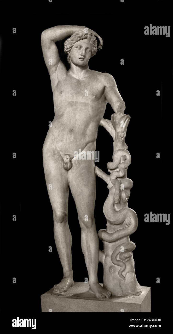 Apollo winner of the Python monster, the so-called 'Lycian Apollo' type 130-150 AD, according to Euphranor (active circa 330 BC) Athens (Greece),  Discovered before 1680 below the ruins of the Smyrna stadium , Izmir, Turkey,  H. 2.16 m. Greek, Roman, Stock Photo