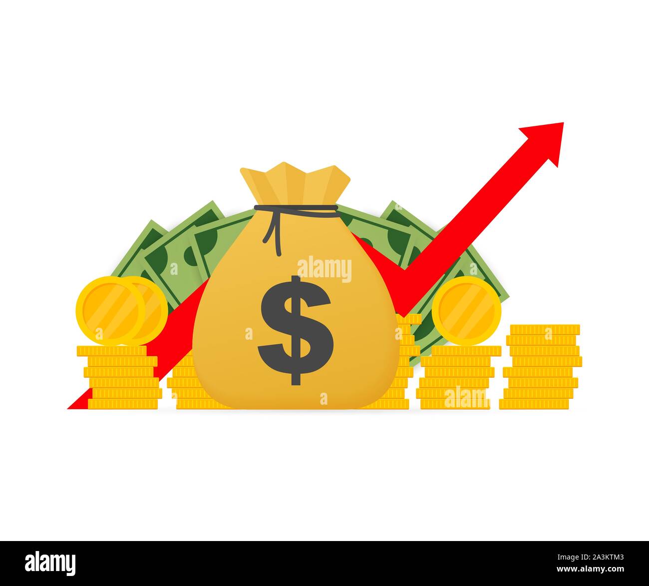 Profit money or budget. Cash and rising graph arrow up, concept of