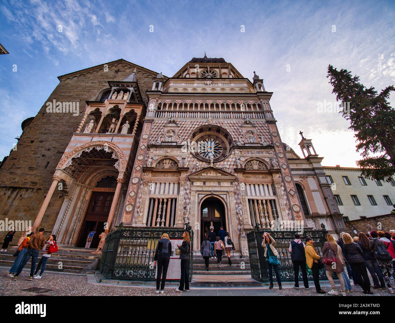 View from below facade of the basilica of Santa Maria Maggiore in Bergamo Citta Alta Stock Photo