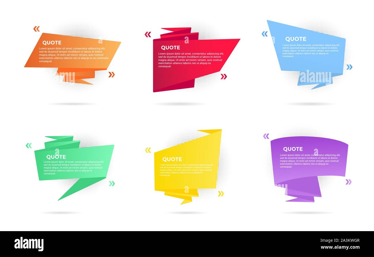 Big ribbon with quote text space vector illustration set isolated on white background. Quotation remark, mention frame like speech bubble or callout t Stock Vector