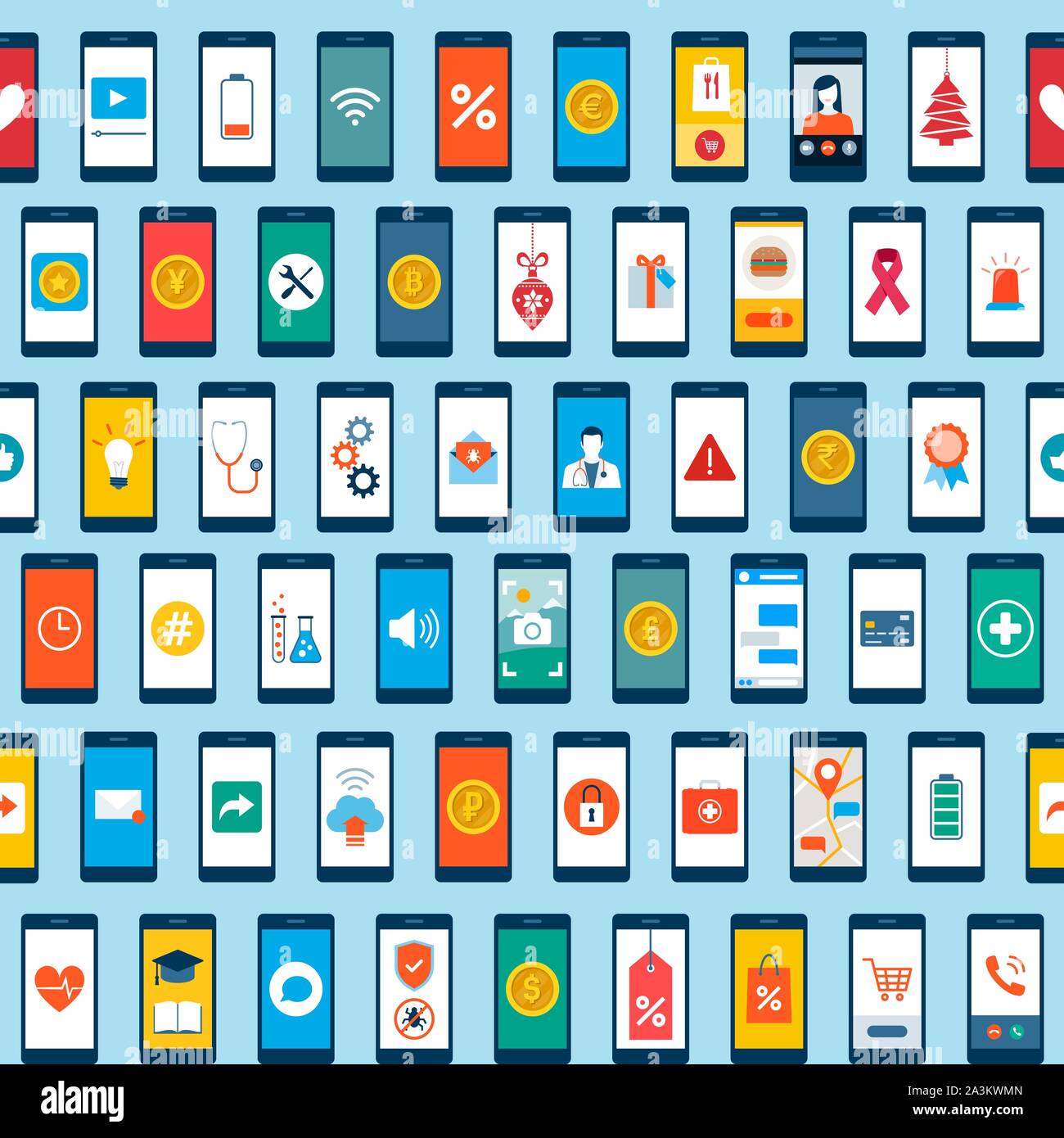 Set of smartphones, apps, social media and technology icons; seamless background Stock Vector
