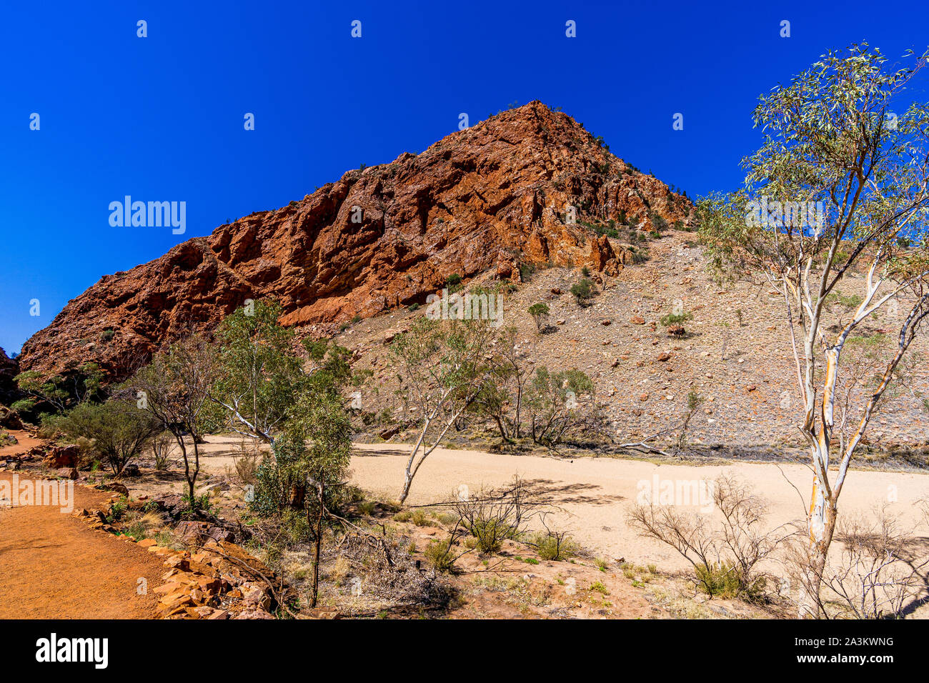 The walking track and dry riverbed that leads to Simpsons Gap in the Northern Territory, Australia. Stock Photo