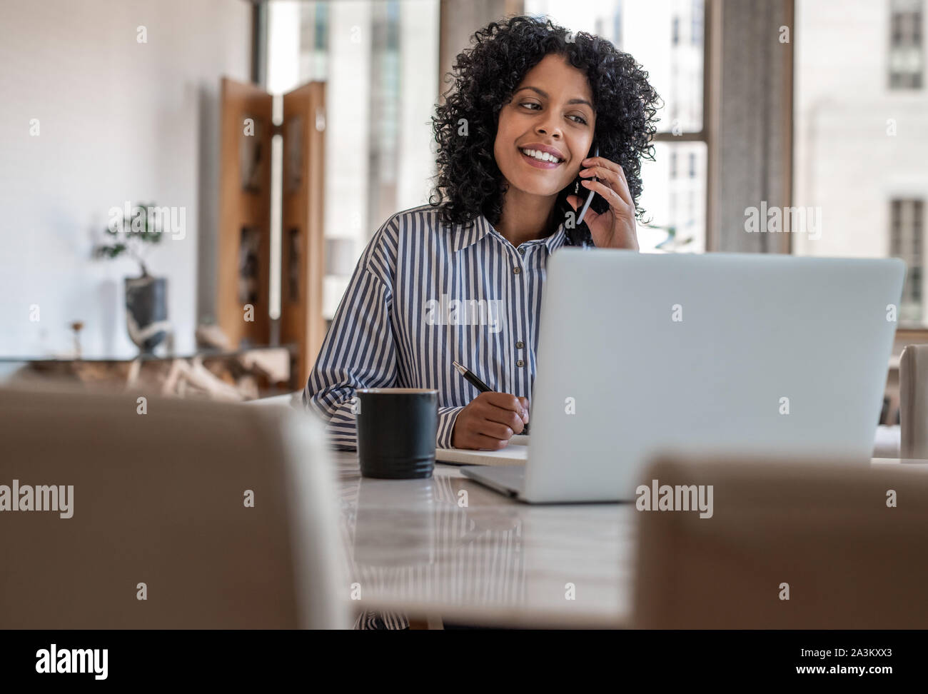 Smiling female entrepreneur sitting at home talking on her cellphone Stock Photo