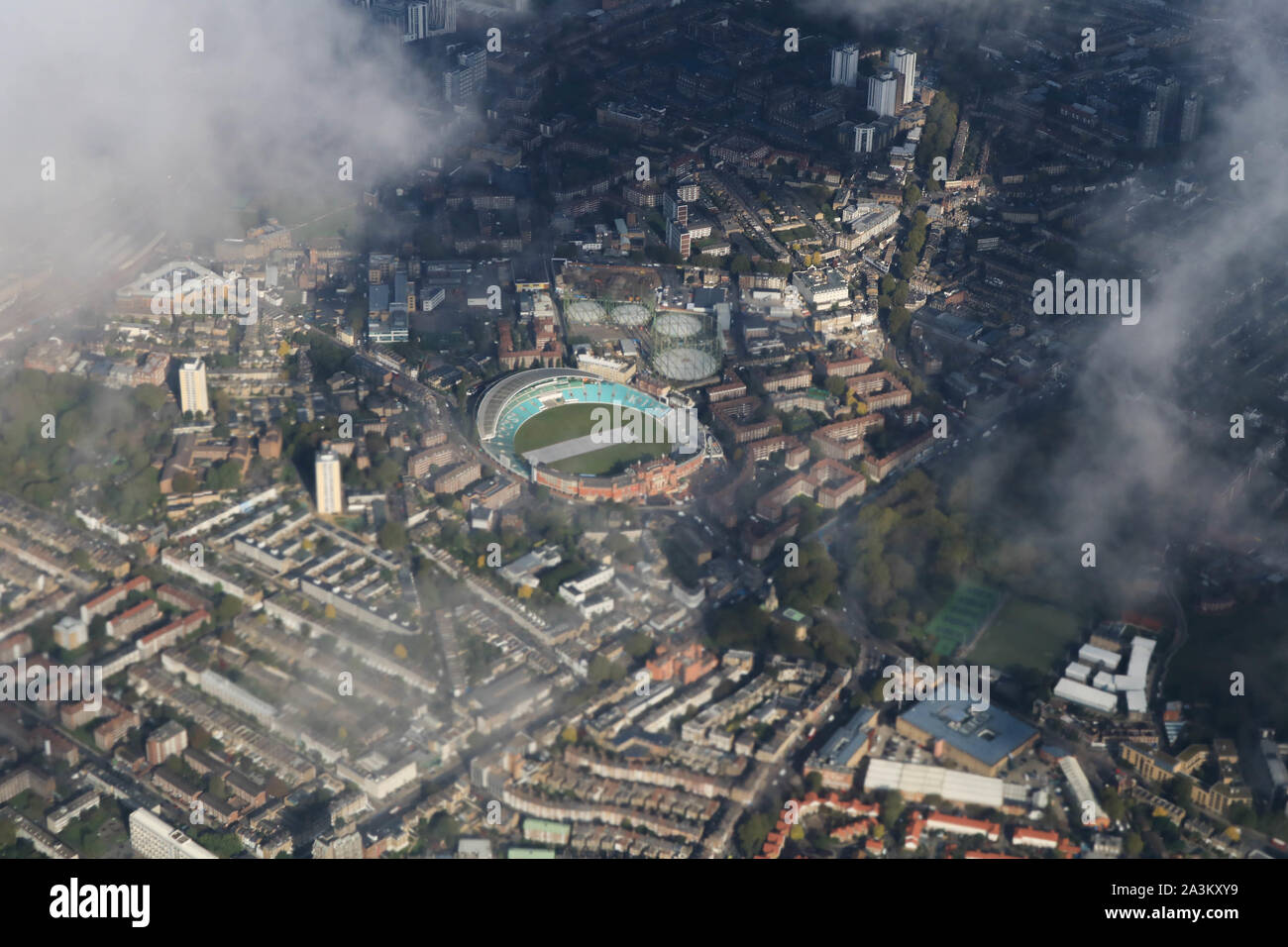 London, UK - 09 October 2019. An aerial view of the Oval cricket ground and home to Surrey County cricket under partial clouds on a sunny morning with cloud cover Credit: amer ghazzal/Alamy Live News Stock Photo