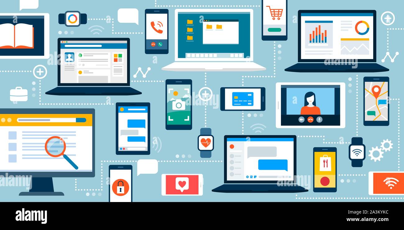 Computers, smartphones and smart devices connected together; apps, online services and user interfaces Stock Vector