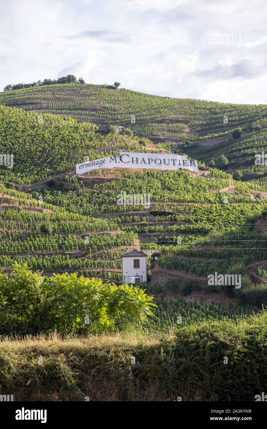 Tain l'Hermitage, France - June 28, 2017: View of the M. Chapoutier Crozes-Hermitage vineyards in Tain l'Hermitage, Rhone valley, France Stock Photo