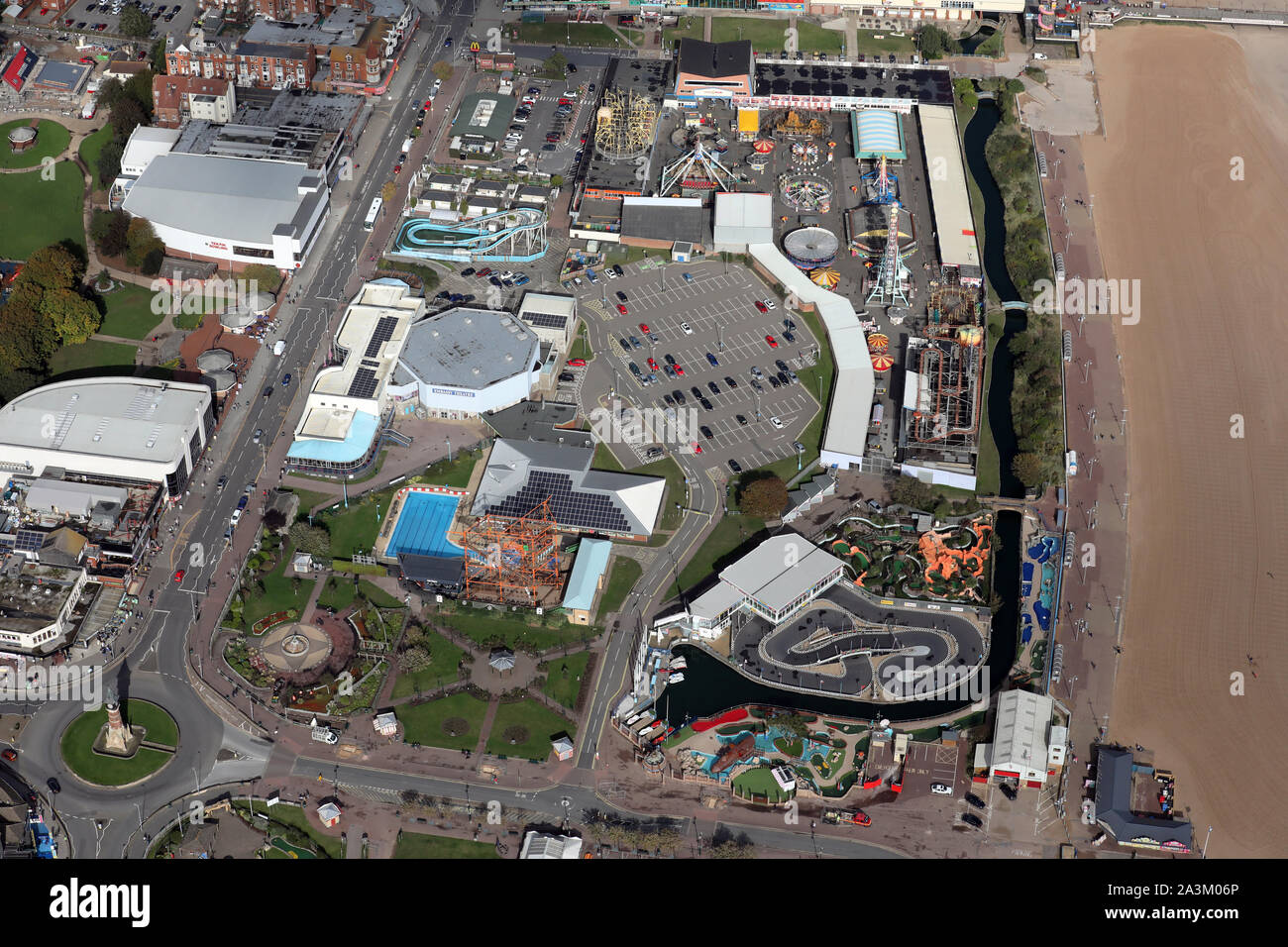 aerial view of The Pleasure Beach FairGround, Skegness, Lincolnshire Stock Photo
