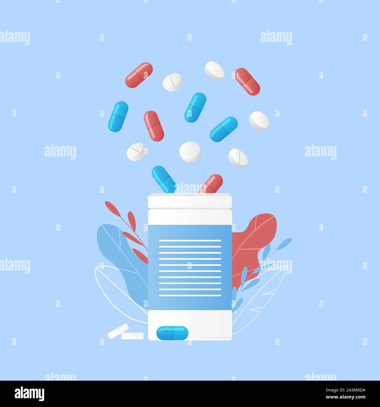 Pharmacy concept. Medical bottle and pills, blisters with tablet. Colorful leaves. Trendy flat style. Vector illustration. Stock Vector